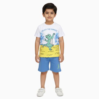 Boys' White Cotton Round Neck Cartoon Printed Baba Suit