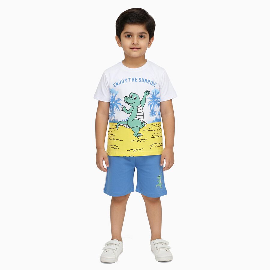 Boys' White Cotton Round Neck Cartoon Printed Baba Suit, सफ़ेद, large image number null