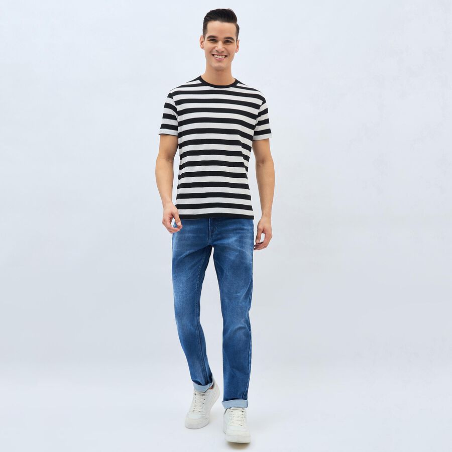 Men's Black and White Round Neck Striped T-Shirt, Off White, large