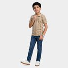 Boys Beige Polo Neck Striped Regular T-Shirt, गहरा पीला, small
