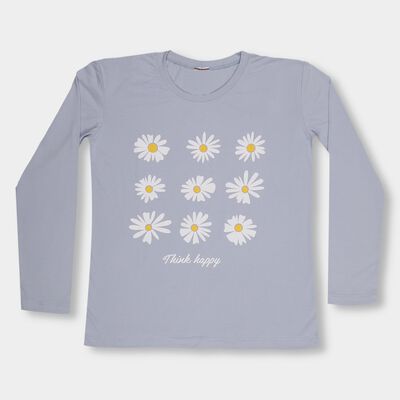 Girls' Light Lavender Blue Round Neck Casual Floral Top
