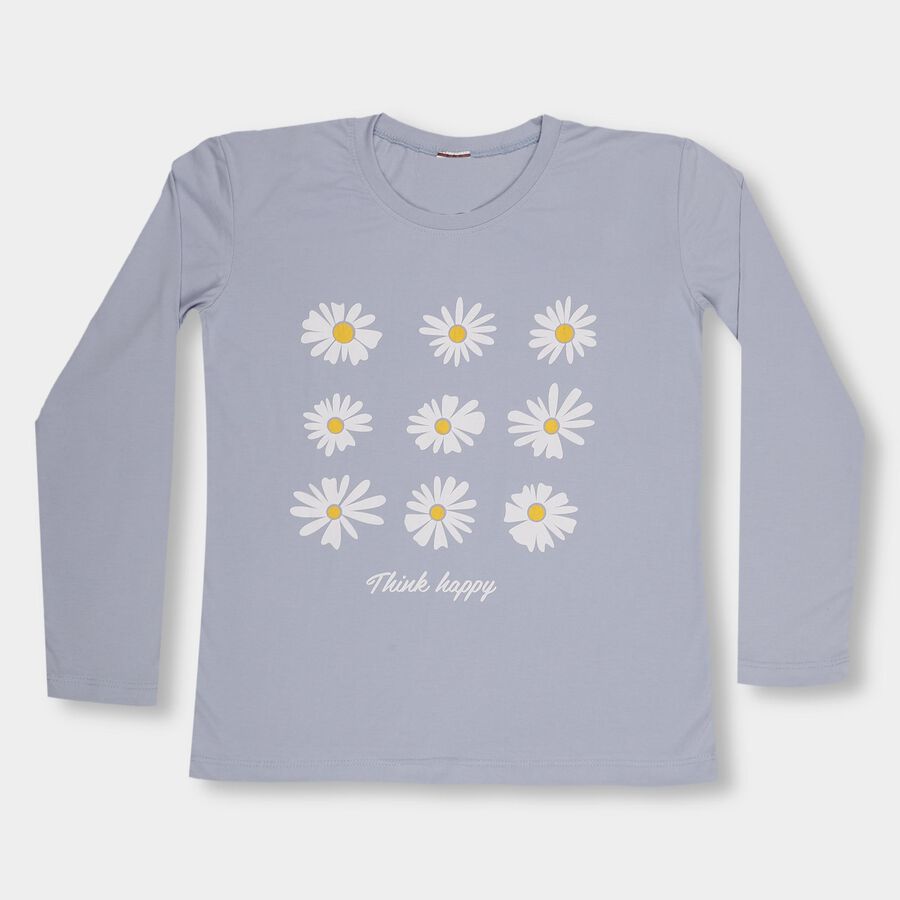 Girls' Light Lavender Blue Round Neck Casual Floral Top, हल्का नीला, large image number null