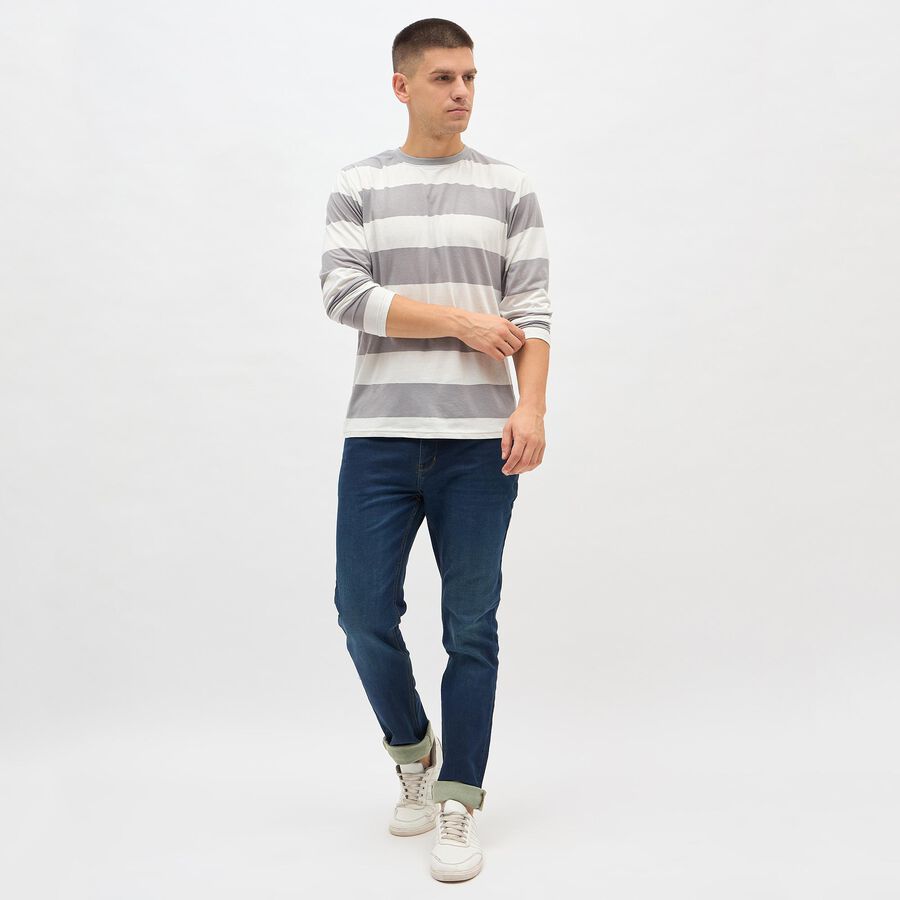 Men's Light Grey and White Crew Neck Casual Striped T-Shirt, हल्का ग्रे, large image number null