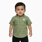 Boys Olive Green Cotton Half Sleeve Mandarin Collar Shirt, Olive, small image number null