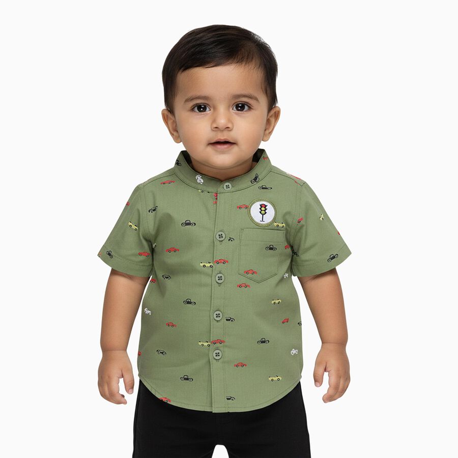 Boys Olive Green Cotton Half Sleeve Mandarin Collar Shirt, Olive, large image number null