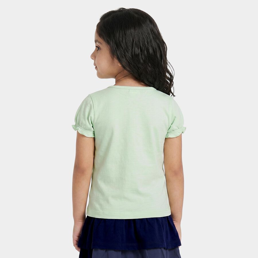 Girls Mint Green Cotton Round Neck Regular T-Shirt, Light Green, large