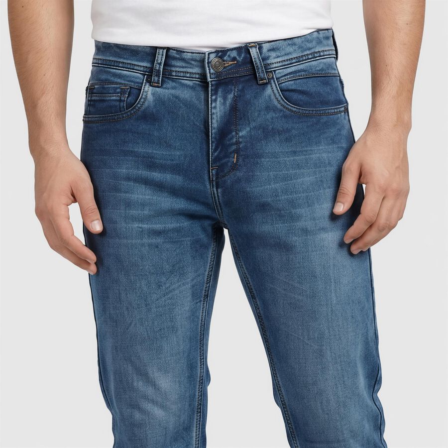 Men's Blue Slim Fit Washed Jeans, Mid Blue, large