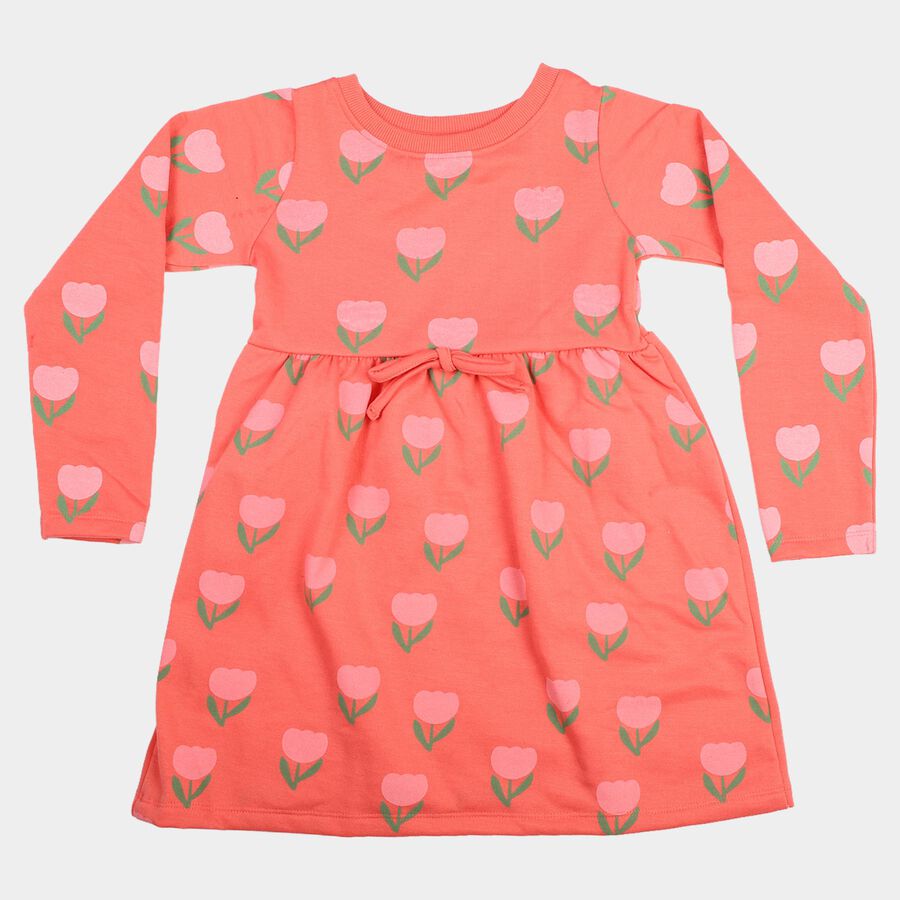 Girls' Coral Floral Printed Fit and Flare Frock, Coral, large