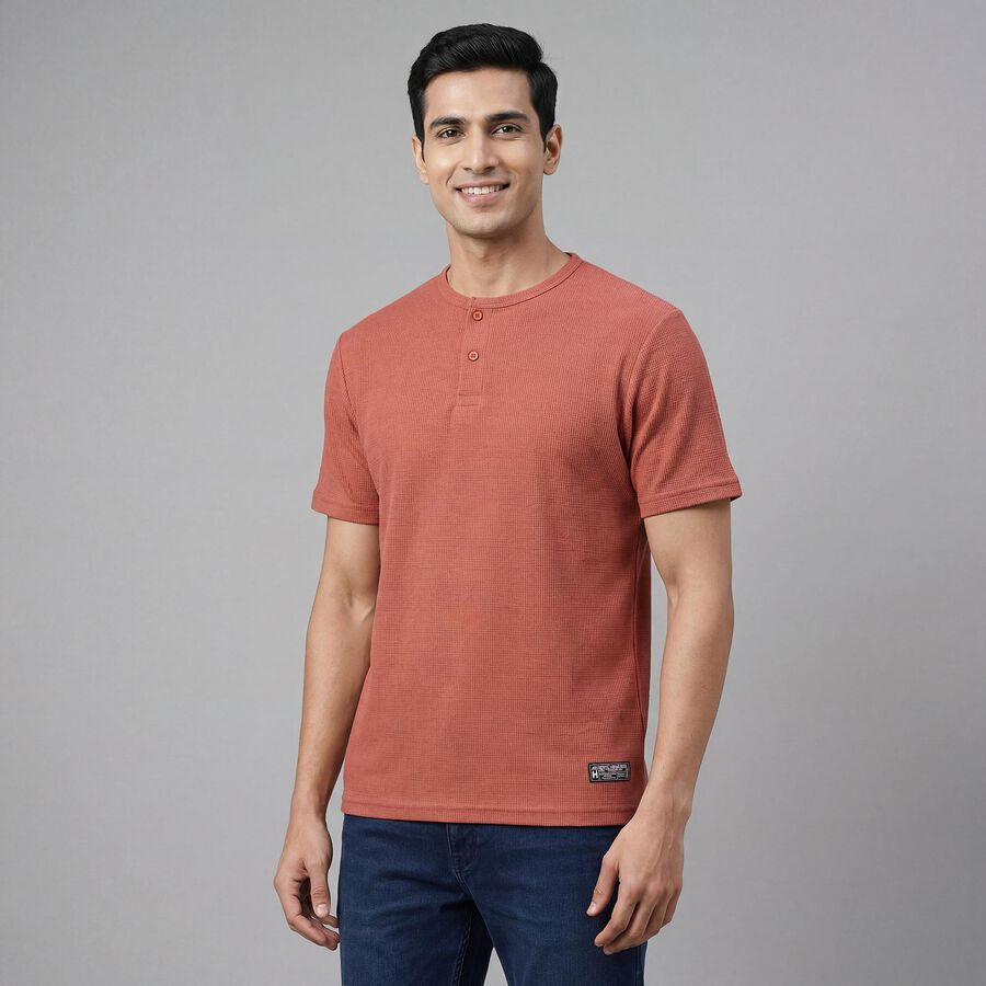 Men's Rust Henley Neck Casual T-Shirt, Rust, large
