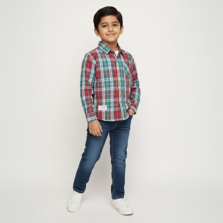 Boys Bright Red and Green Cotton Classic Collar Casual Shirt, लाल, large image number null