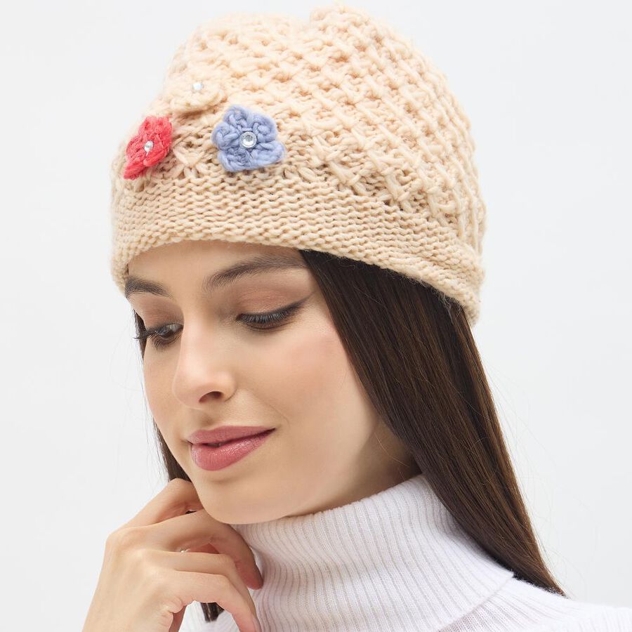 Women's Soft Beige Floral Crochet Knitted Cap, Beige, large image number null