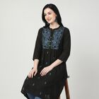 Women's Black Band Collar Embroidered Kurta, Black, small