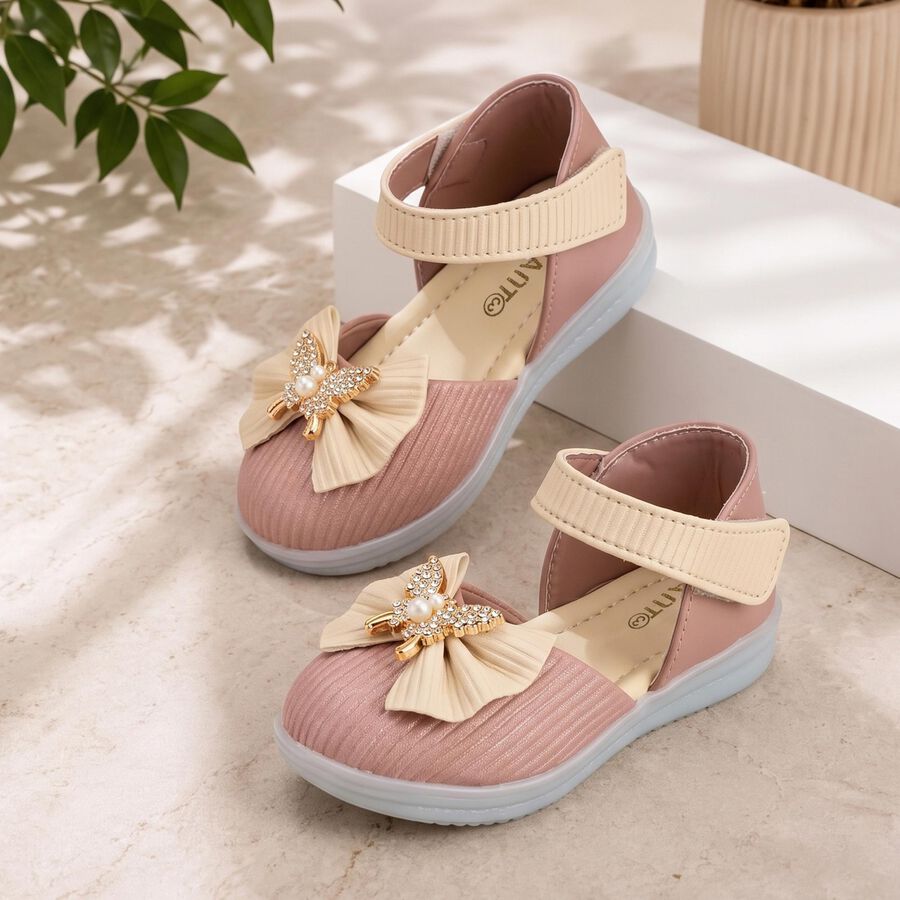 Girls' Peach Velcro Strap Embellished Sandals, Peach, large