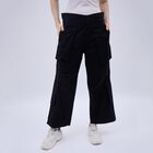 Women's Jet Black Wide-Leg Cargo Trousers, काला, small image number null