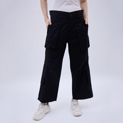 Women's Jet Black Wide-Leg Cargo Trousers