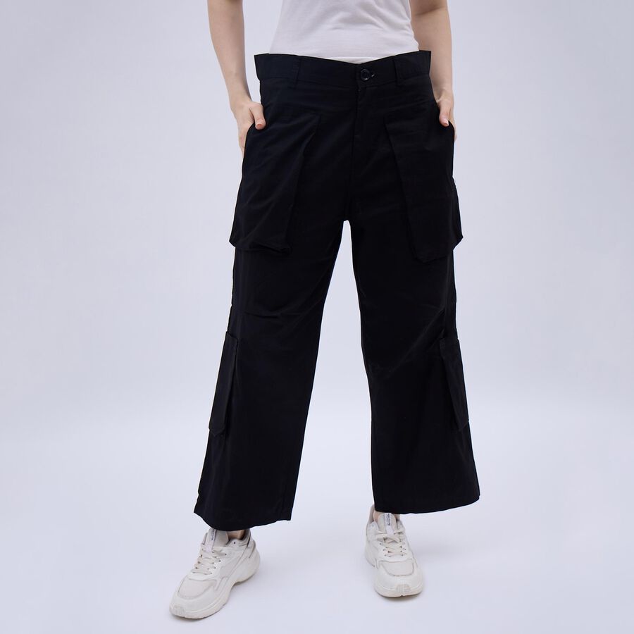 Women's Jet Black Wide-Leg Cargo Trousers, काला, large image number null