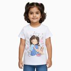Girls White Cotton Round Neck Cartoon Printed T-Shirt, White, small