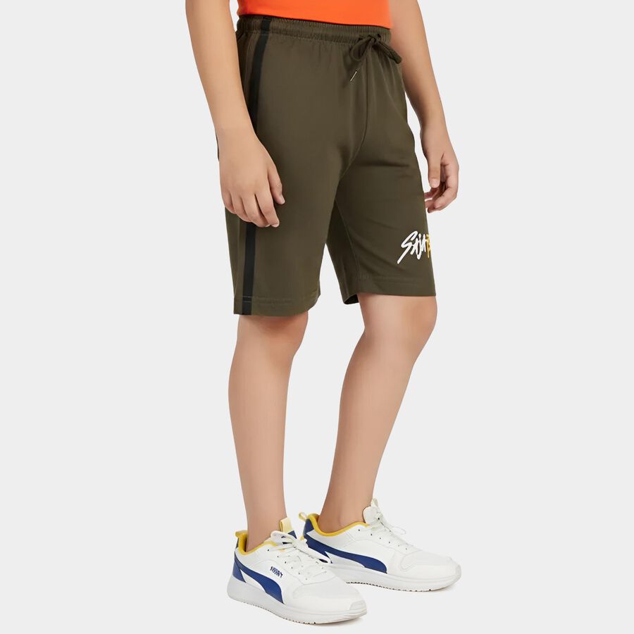 Boys Olive Green Regular Fit Side Striped Bermuda Shorts, Olive, large