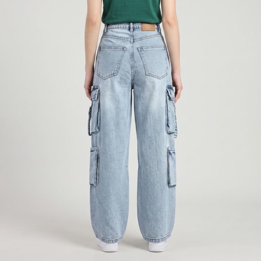 Women's Light Blue Relaxed Fit Cargo Jeans, हल्का नीला, large