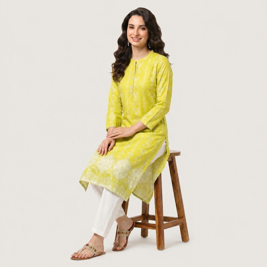 Women's Light Green Round Neck Printed Straight Kurta, हल्का हरा, large