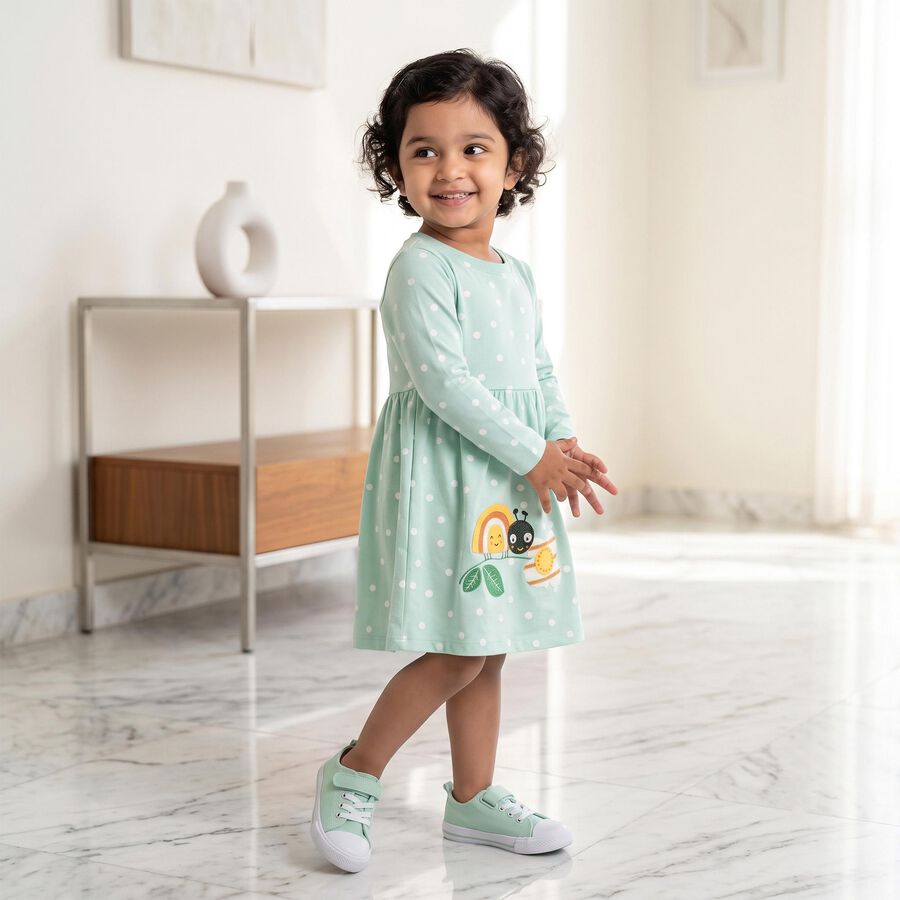 Girls' Mint Green Fit and Flare Polka Dot Applique Frock, Light Green, large