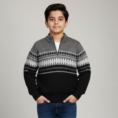 Boys Black and Grey Half-Zip Casual Pullover
