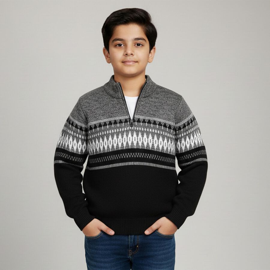 Boys Black and Grey Half-Zip Casual Pullover, काला, large image number null