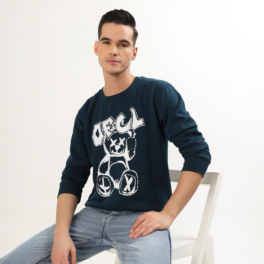Men's Deep Navy Blue Crew Neck Graphic Sweatshirt, Teal Blue, large image number null