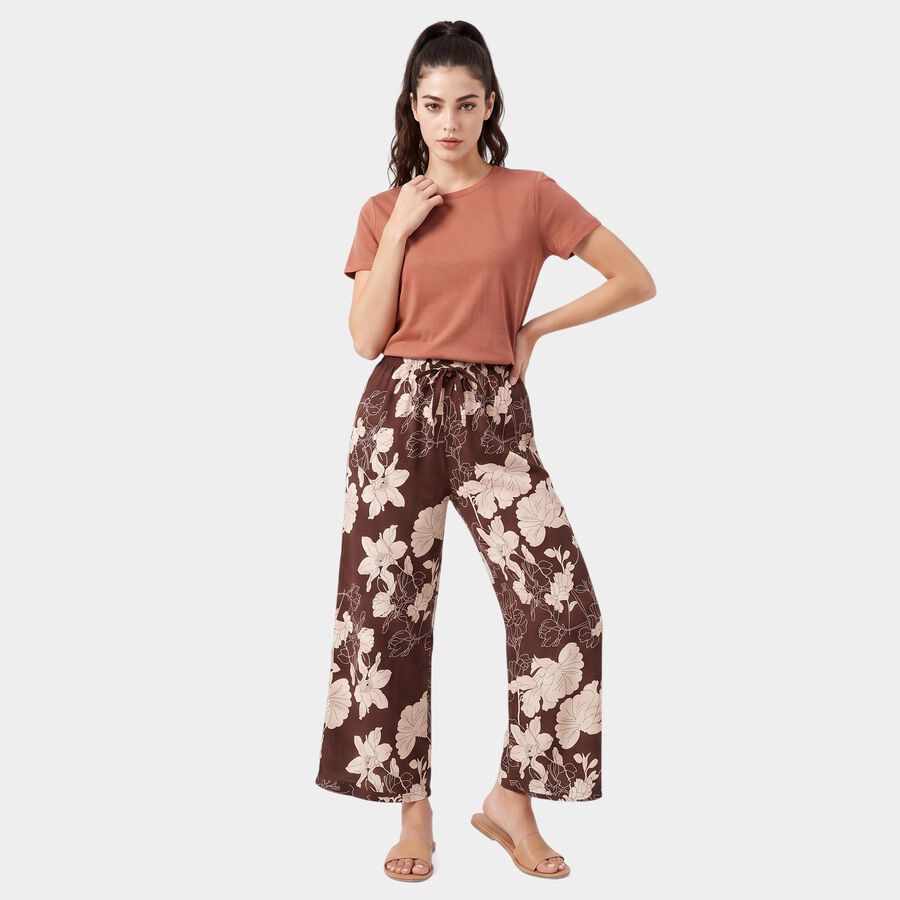 Women's Brown Straight Fit Floral Pyjama, भूरा, large