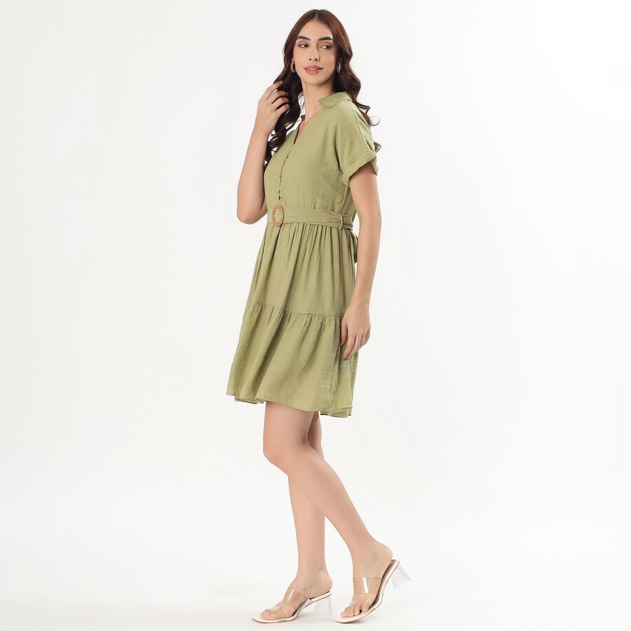 Women's Olive Green V-Neck Casual Dress, हल्का हरा, large image number null