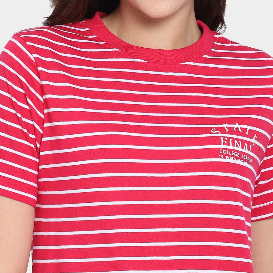 Ladies'  Stripes Round Neck T-Shirt, रानी (फ्यूशिया), large image number null