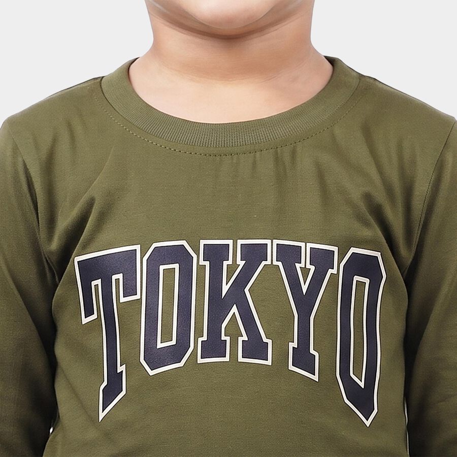 Boys Olive Green Cotton Blend Round Neck Regular T-Shirt, Olive, large