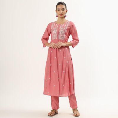 Women's Dusty Rose Pink Round Neck Bohemian Ethnic Set