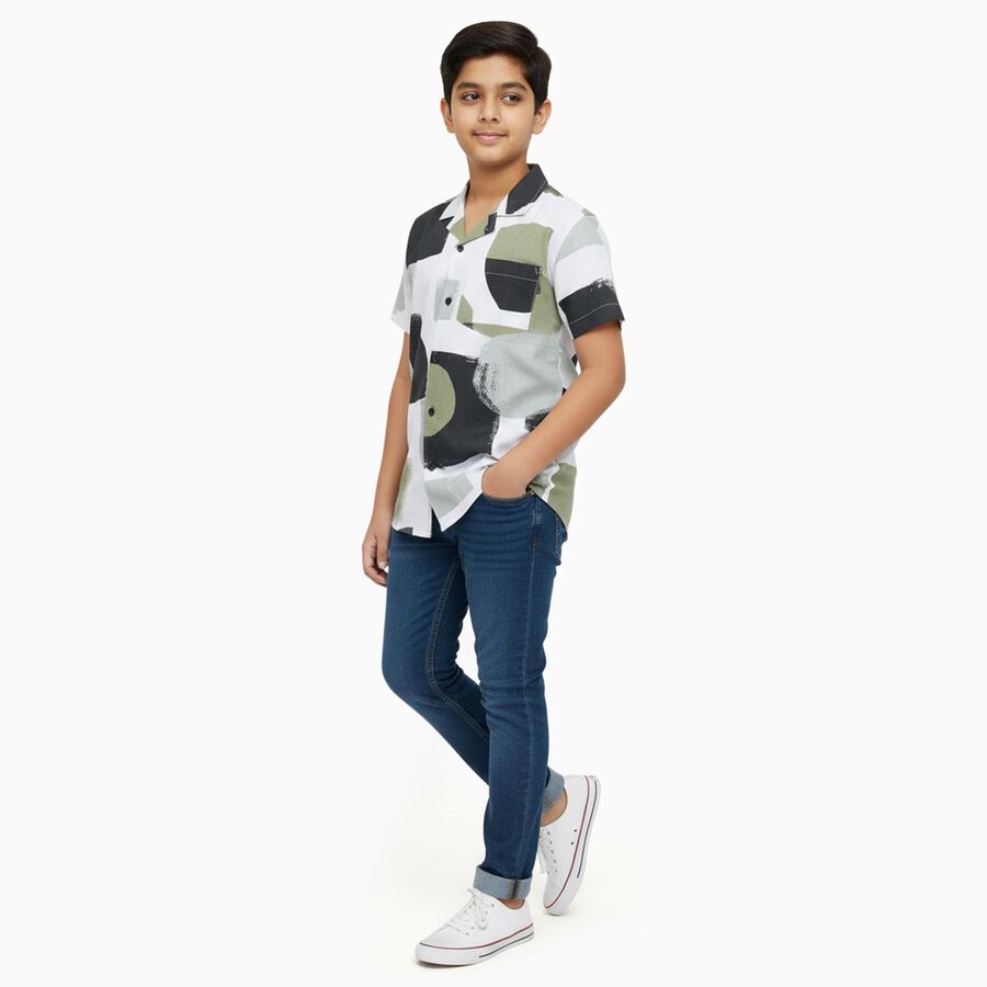 Boys Light Sage Green and White Cotton Half Sleeve Cuban Collar Casual Shirt, Light Green, large image number null