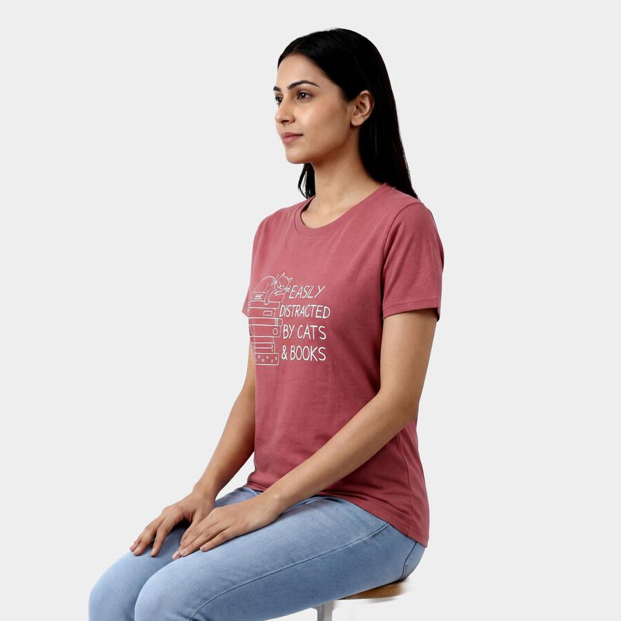 Ladies' Round Neck T-Shirt, गुलाबी, large