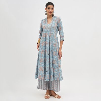 Women's Light Blue Embroidered Flared Kurta