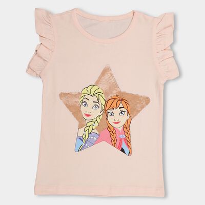 Girls' Light Pink Cotton Round Neck Casual T-Shirt