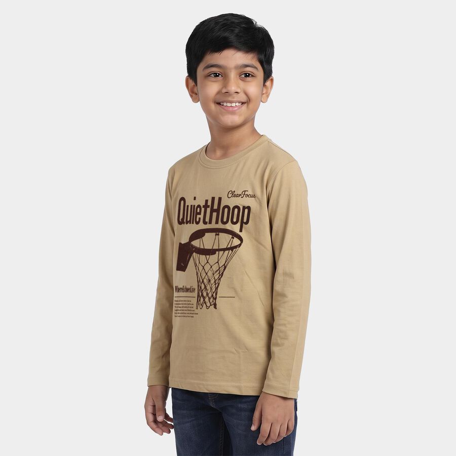 Boys Beige Round Neck Regular T-Shirt, Khaki, large