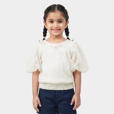 Girls White Round Neck Regular T-Shirt