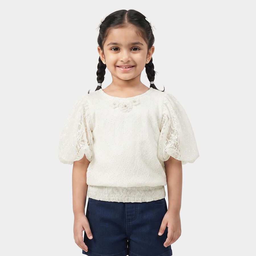 Girls White Round Neck Regular T-Shirt, सफ़ेद, large