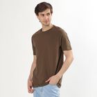 Men's Deep Brown Cotton Round Neck Solid T-Shirt, Khaki, small
