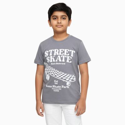 Boys Light Grey Round Neck Casual T-Shirt