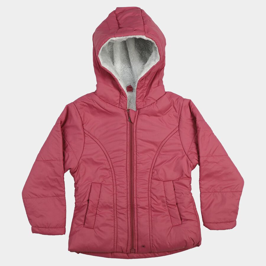 Girls Pink Hooded Puffer Jacket, Pink, large