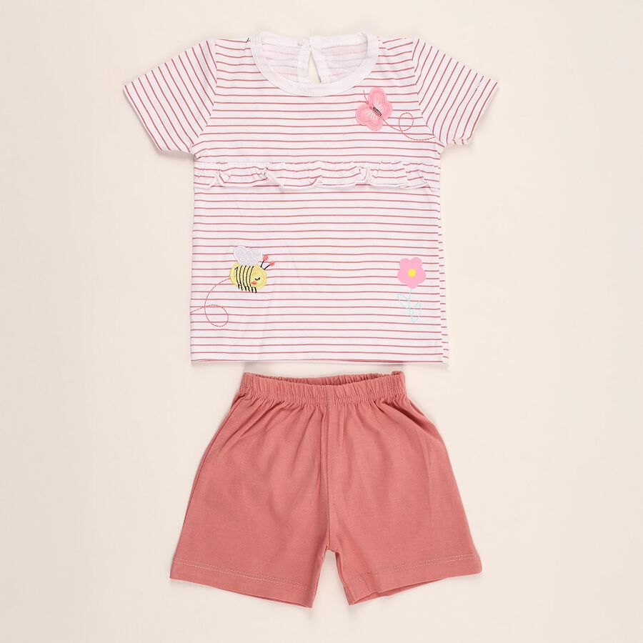 Infant Muted Pink and White Cotton Striped Top Casual Shorts Set, Light Pink, large image number null