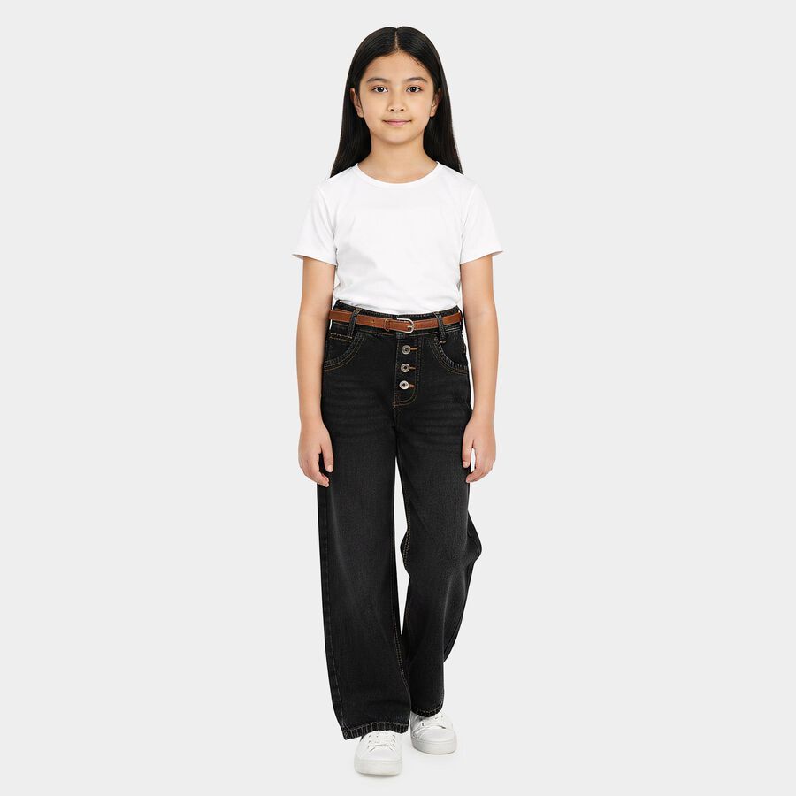 Girls Black Straight Fit Button Fly Jeans, काला, large