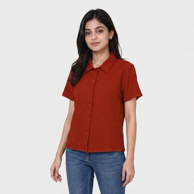 Women Rust Collared Regular Fit Shirt