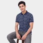 Men's Navy Blue Cotton Polo Neck Floral Printed T-Shirt, Navy Blue, small