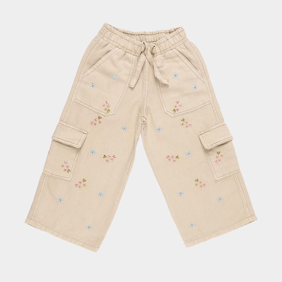 Girls' Light Beige Relaxed Fit Embroidered Cargo Jeans, Beige, large