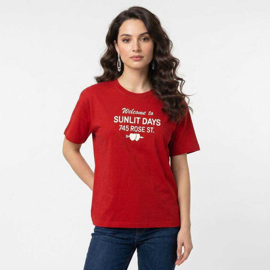 Women's Red Round Neck Regular T-Shirt, Red, large