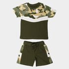 Infants' Olive Green 100% Cotton Round Neck Camouflage Printed Baba Suit, ओलिव, small